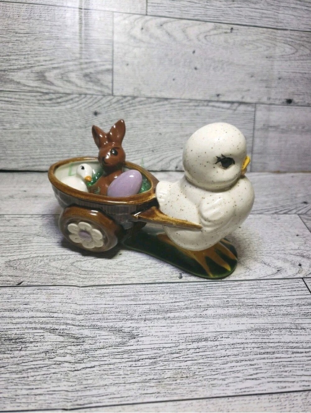 Vtg Ceramic Easter Decor Chick Bunny Egg Wagon Wheelburrow Signed Elaine